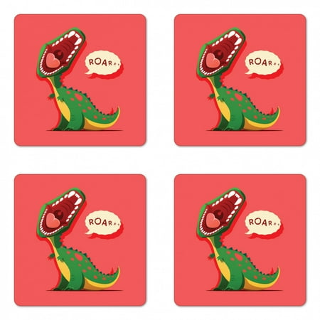 

Dinosaur Coaster Set of 4 Aggressive Prehistoric Cartoon Animal Roaring Open Mouth Wildlife Image Square Hardboard Gloss Coasters Standard Size Coral Green Yellow by Ambesonne
