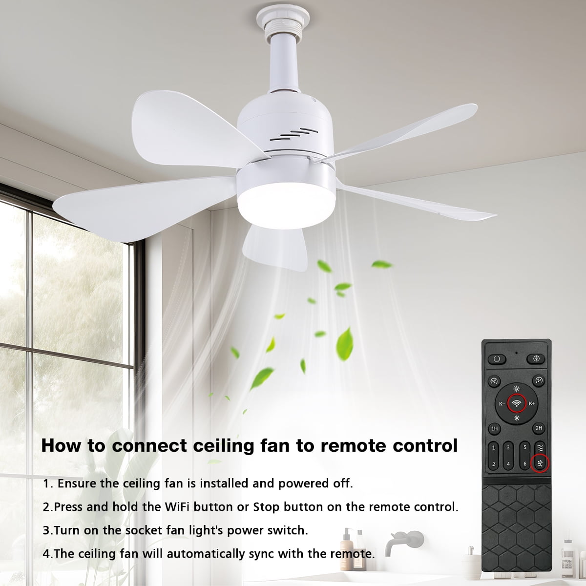 JOPESO Socket Fan Light with Remote, 19in Ceiling Fans with Lights with 3 Speeds and 3 Colors E27 Base, Dimmable LED Socket Fan for All Locations