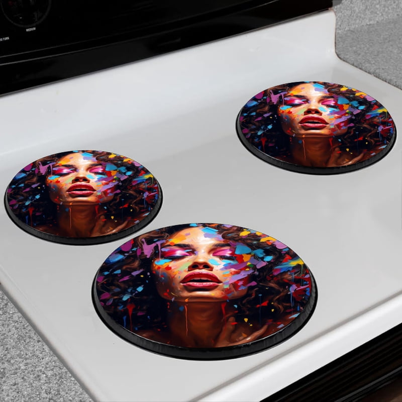 BaHomeck Electric Stove Burner Covers Set of 4,Round Metal Gas Stove Burner Covers 8 Inch and 10 Inch,Kitchen Decor,Beautiful Woman With Brown Skin And Curly Hair