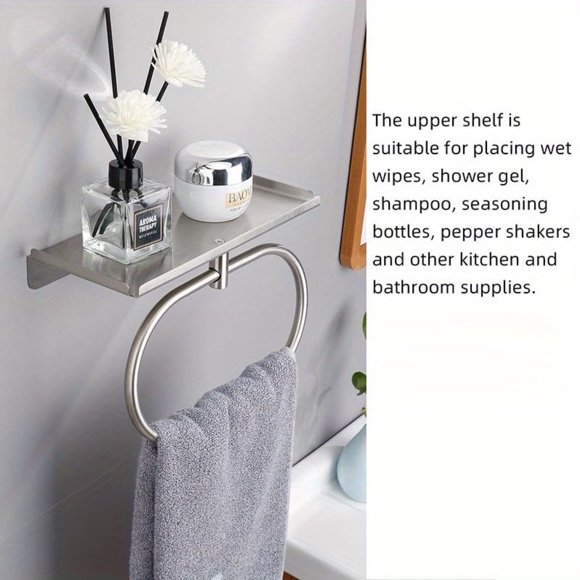 Rack Organizer Modern Stainless Steel Towel Ring with Shelf Bathroom Hand Towel Holder No-Drill Install Durable Steel Storage Rack