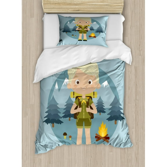 Explore Twin Size Duvet Cover Set, Cartoon Boy Scout in the Forest with Mountains Trees Mushroom and Campfire Design, Decorative 2 Piece Bedding Set with 1 Pillow Sham, Multicolor, by Ambesonne