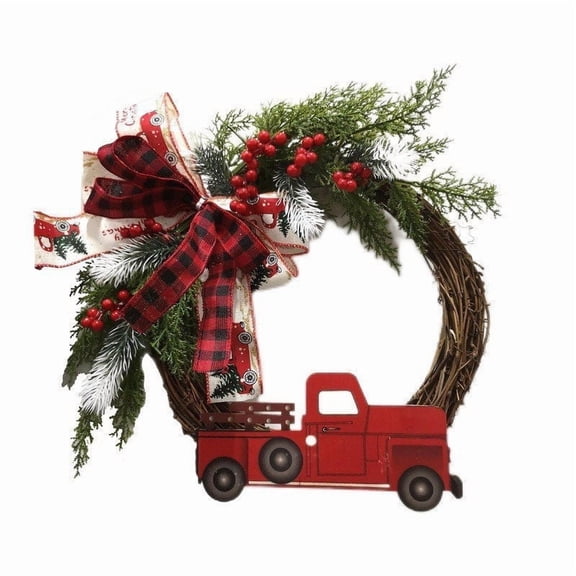Christmas Wreath for Front Door – 18 in Artificial Holiday Wreath with Red Flowers, Berries, Pine Cones & Truck Décor