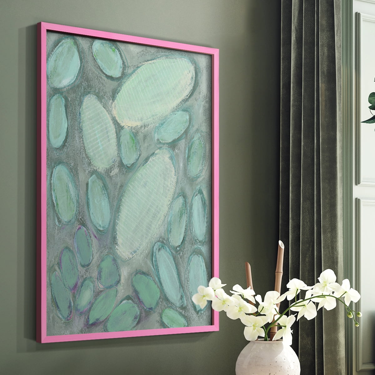 Blue Orbs II Framed Print in Pink Solid Wood Framed Print No Nail Hanging