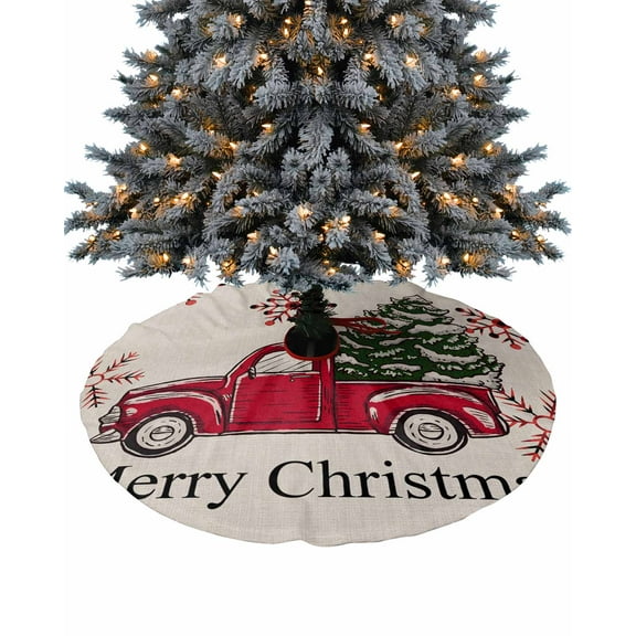 Red Truck Christmas Christmas Tree Skirt 48 Inches Large Christmas Skirt Tree, Xmas Tree Winter Snowflake Tree Skirt Christmas Decorations for Fireplace Party Holidays Indoor Outdoor