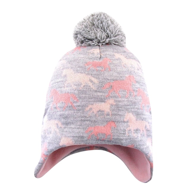 gorro de invierno de punto para bebé amasding gorro de punto con forro de nieve para niños de 1 a 8 años, niñas y niños — vista frontal centrada de gorro rosa con estampado de caballos en tonos claros, forro interior rosa suave, orejeras largas y pompón gris en la parte superior; diseñado para cubrir cabeza y orejas en climas fríos y a menudo usado también como complemento de disfraces infantiles.