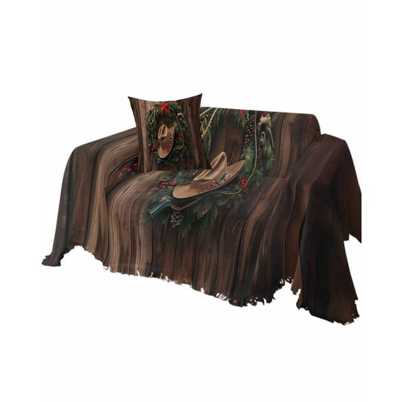 Western Christmas Sofa Couch Covers for Dogs, Washable Sofa Throw Cover Single Slipcovers for Armchair with Tassels, Xmas Botanical Wreath Brown Couch Protector Towel Blanket M 71''x91''