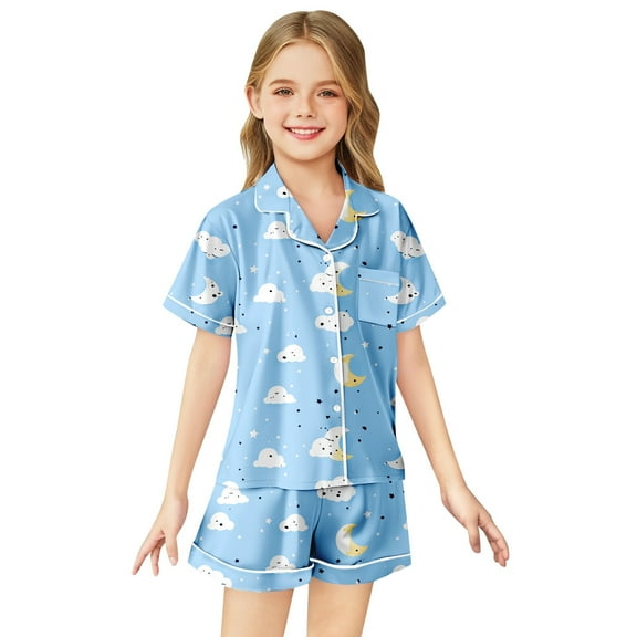 Kids Satin Pajama Set Fashion Print 2 Piece Set Short Sleeve Button-Down Top Shorts Set Christmas Pajamas Kids Pajamas for Girls 6-7 Years