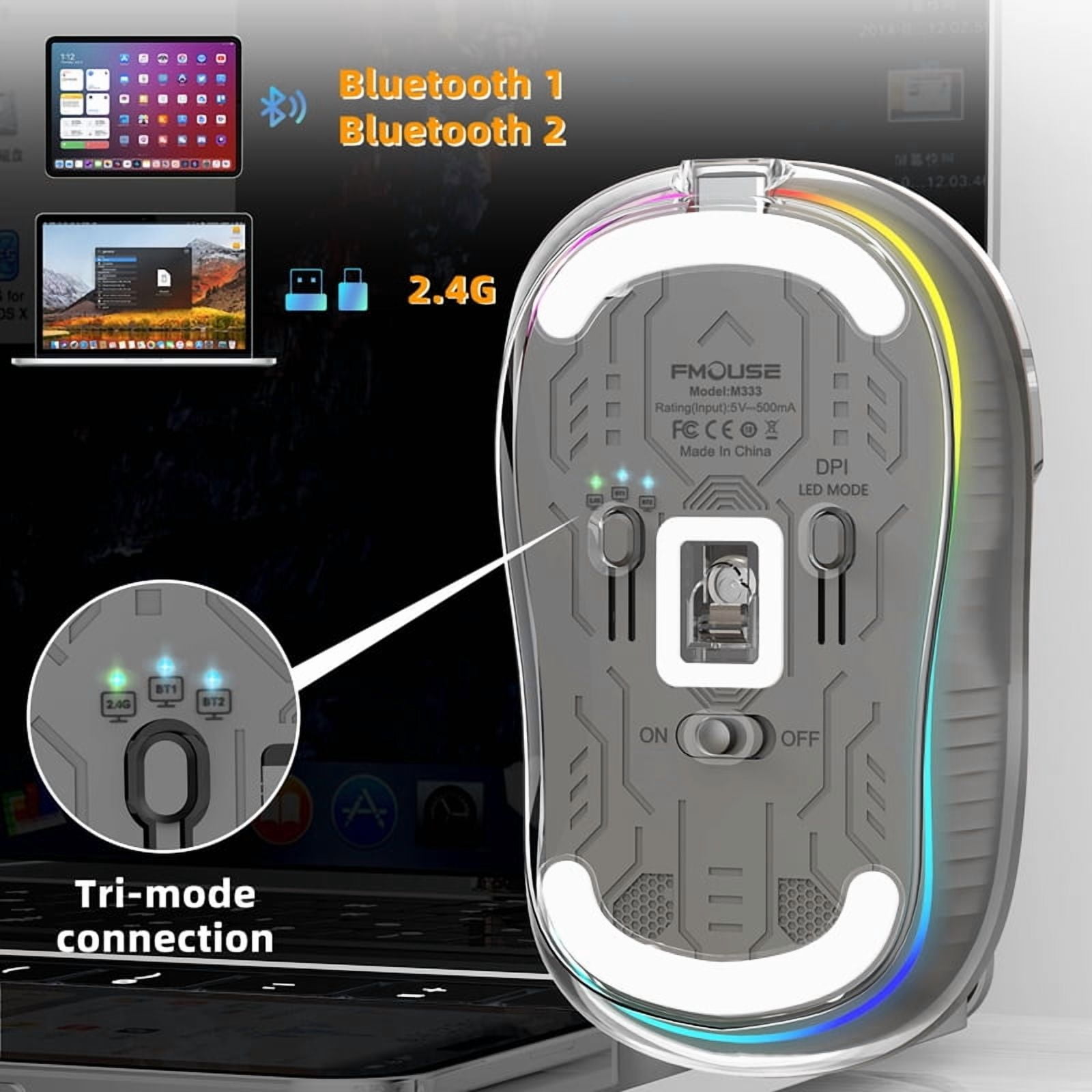 New Style Fully Transparent Mouse Bluetooth Wireless Tri-mode Mute Led Lamp Type-c Mice 2400dpi Intelligence Office Gift