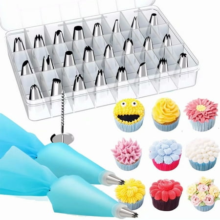 Cake Decorating Supplies Kit for Beginners 24pcs Stainless Steel Piping Tips Cake Icing Piping Tips with 2 Silicone Pastry Bag & 2 Couplers & Storage (Best Cake Decorating Kit For Beginners)