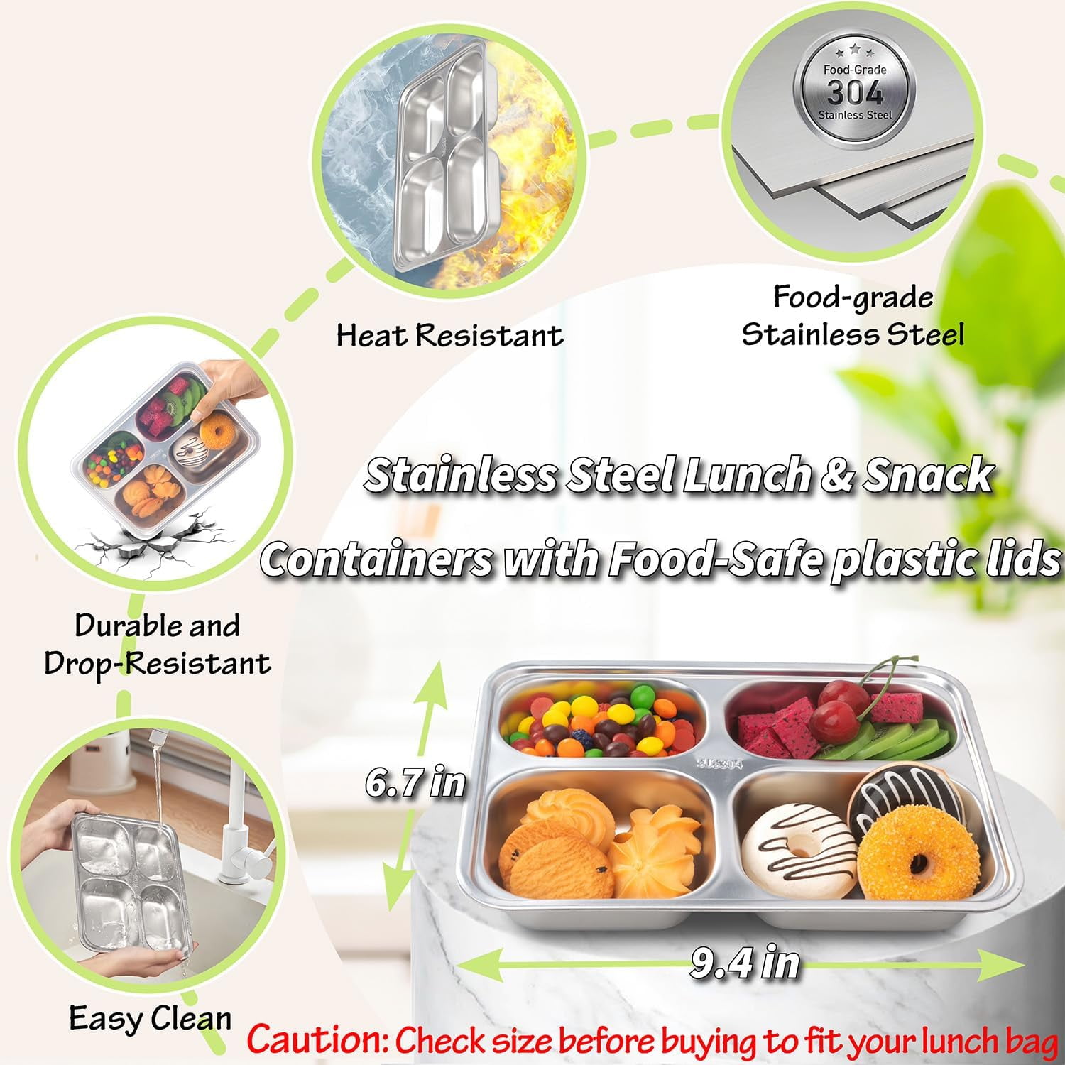 EUZODNAK 3 Pack Stainless Steel Snack Containers with Lids - 4 Compartments Bento Snack Boxes - Reusable Meal Prep Lunch Containers for Adults - Divided Food Storage Containers for Home Travel