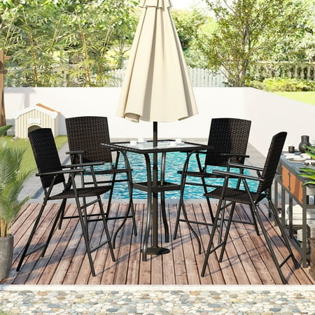 Wicker Outdoor Counter Height Bistro Set Sesslife 5 Piece Patio Dining Furniture Set with 4 Folding Chairs and Glass Table Patio Set for Patio Garden Pool Desk Black Rattan Outdoor Bar Sets