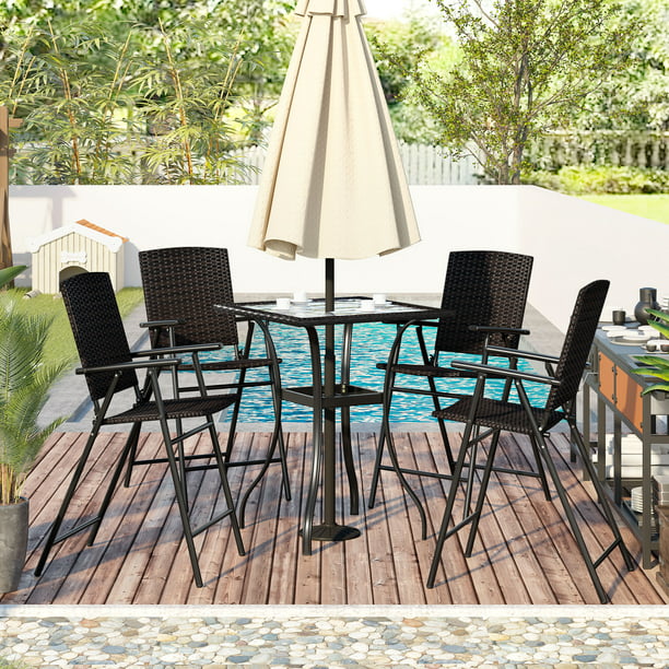 Outdoor Patio Pe Wicker 5 Piece Counter Height Dining Table Set With Umbrella Hole Bar High Top Glass And 4 Foldable Chairs Furniture Bistro Brown J1019 - Bar Height Patio Set With Umbrella Hole