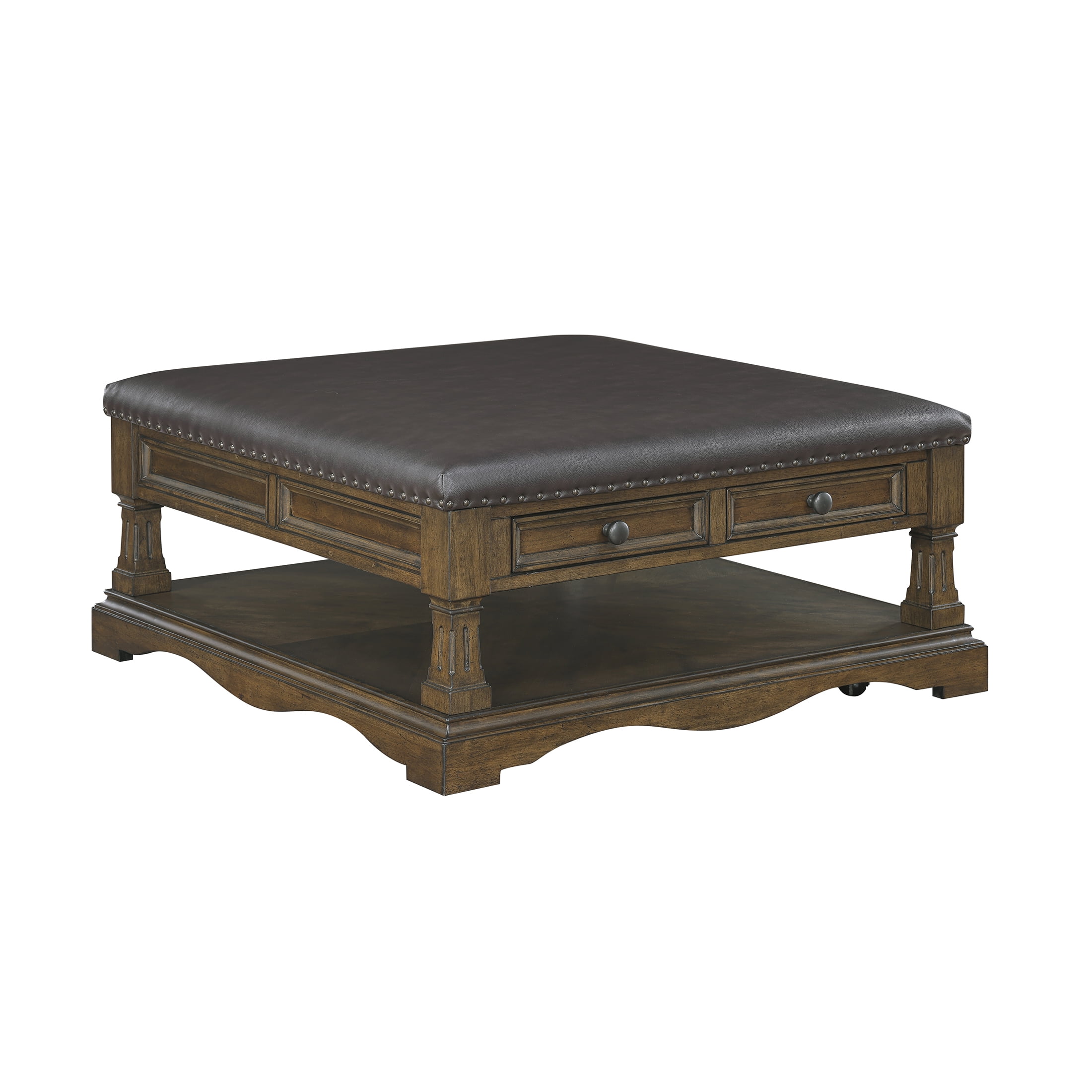 OakvillePark Soren Wooden Coffee Table with 4 Drawers, Faux Leather Upholstered Top, Casters, Dark Brown
