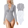 thumbnail image 1 of Women's 2 Piece Bodysuits Sexy Ribbed One Piece Zip Front Long Sleeve Tops Bodysuits, 1 of 6