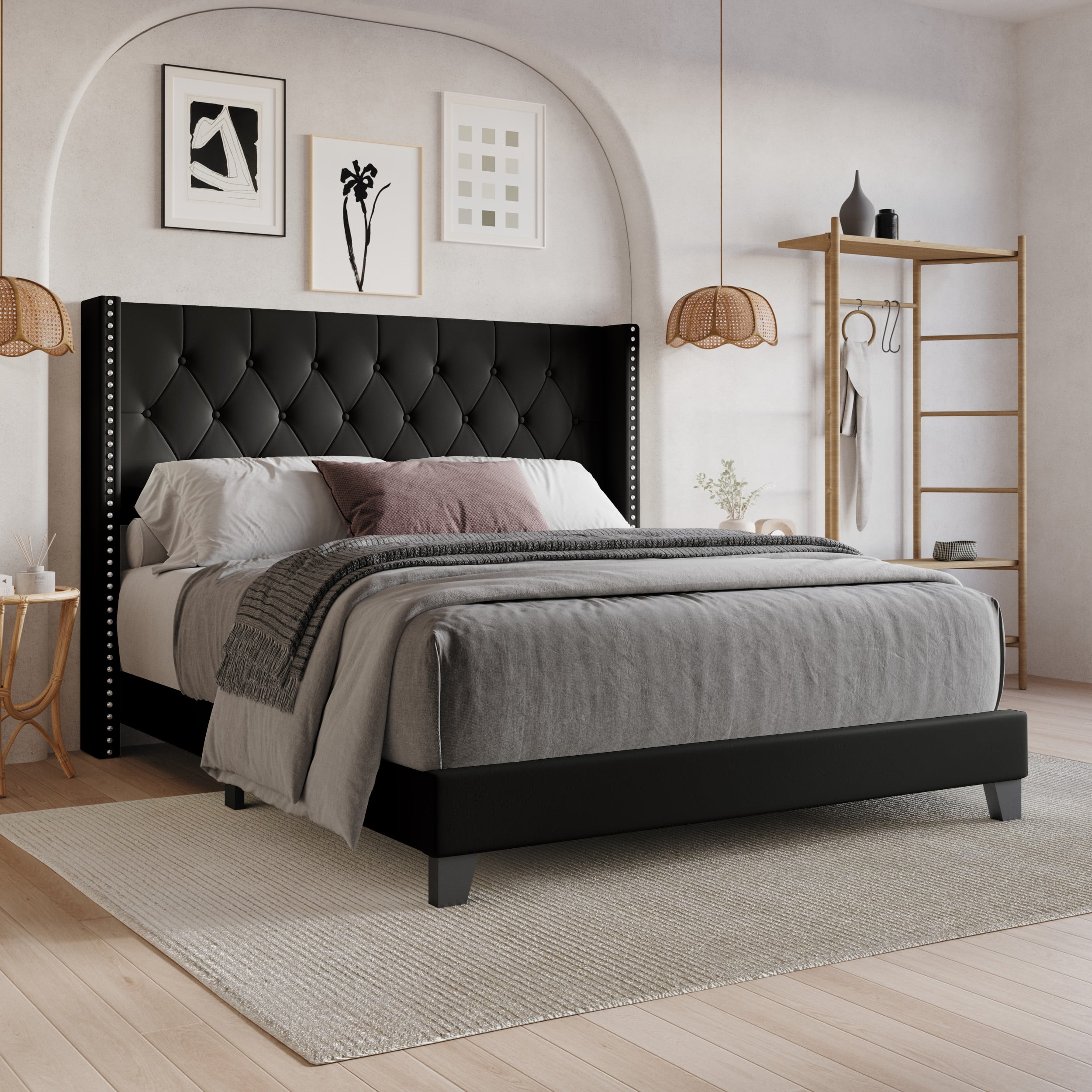 Home Design Homer King Button-Tufted Wingback Upholstered Panel Bed Frame with Nailhead Trim design for Adult, Black, Easy Assembly