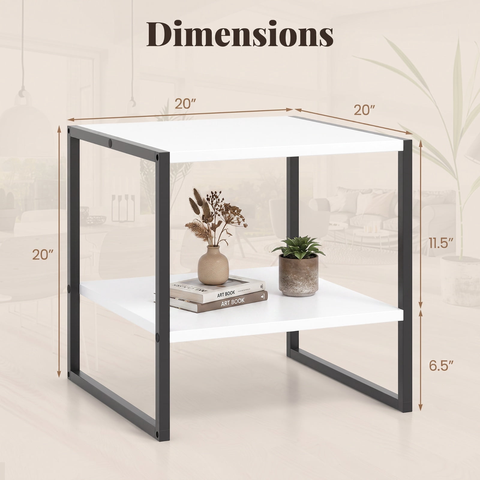 Furnibear 2 Tier Square End Table with Reversible Storage Shelf and Sleek Modern Finish for Living Room and Bedroom, White