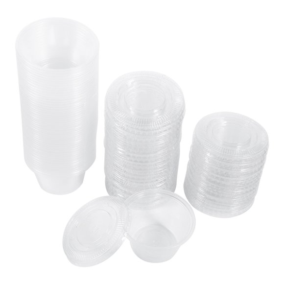 1-4oz Portion Cups With Lids, Small Plastic Containers with Lids, Airtight and Stackable Souffle Cups, Jello Shot Cups, Sauce Cups, Condiment Cups for Lunch, Party, Trips