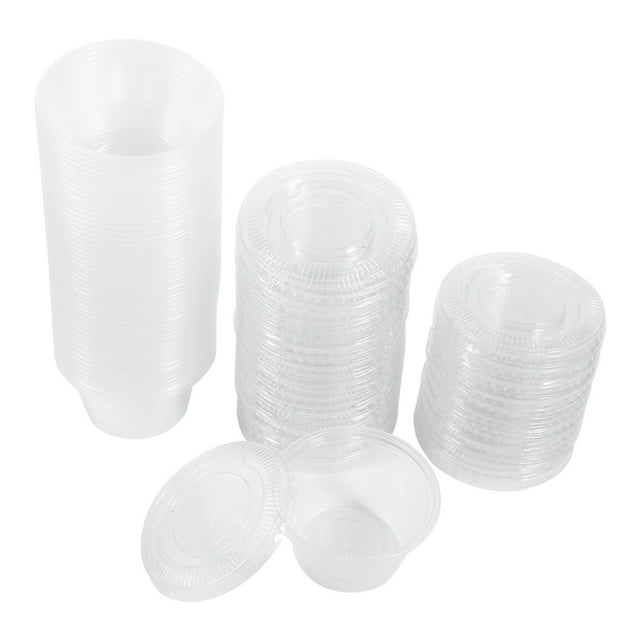 1-4oz Portion Cups With Lids, Small Plastic Containers with Lids, Airtight and Stackable Souffle Cups, Jello Shot Cups, Sauce Cups, Condiment Cups for Lunch, Party, Trips