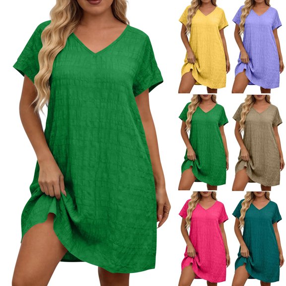 Women's Summer Casual Dresses Fashion Plus Size Solid Short Sleeved V-Neck Dress Fashion Beach Vacation Clothes