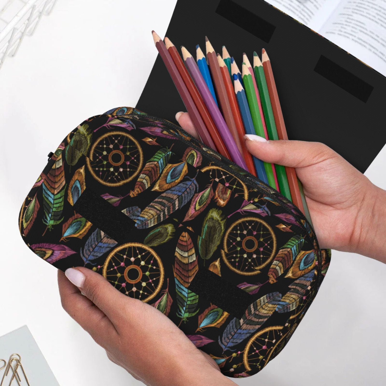 Rateoe Decorative Feathers Pattern Double Clamshell Pen Case, Storage Organizer with Two Zipper Compartments– Holds Up to 50 Pencils & Pens