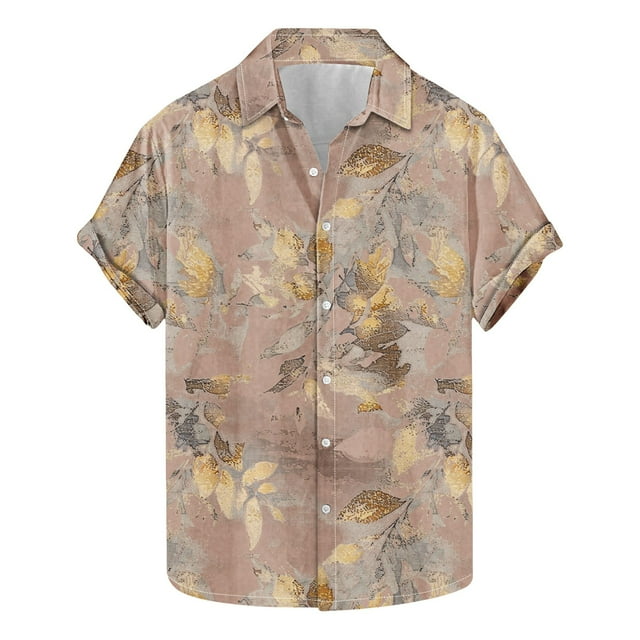 Camisas de Manga Corta de los Hombres Casual Hoja Impresión Solapa Superior, Mezcla de Poliéster/Spandex de la Moda para la Fiesta Y la Playa