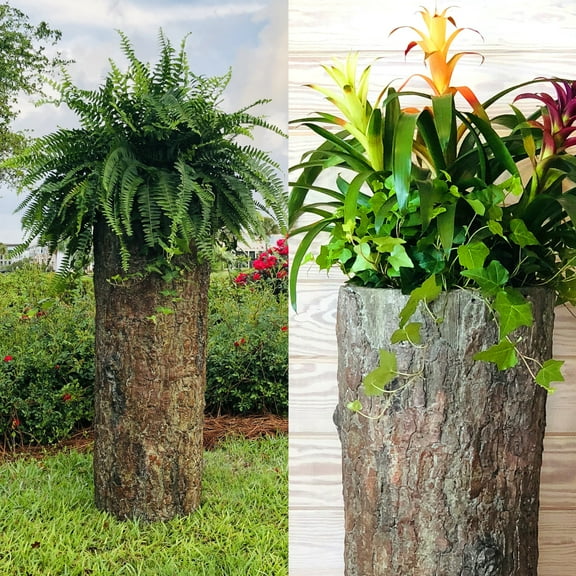 Bushy Box Large Stump Planter. Outdoor Garden Yard, Porch and Patio Pot. Tall Rustic Natural Well Pump Cover Fake Rock Decor. Hide Utilities