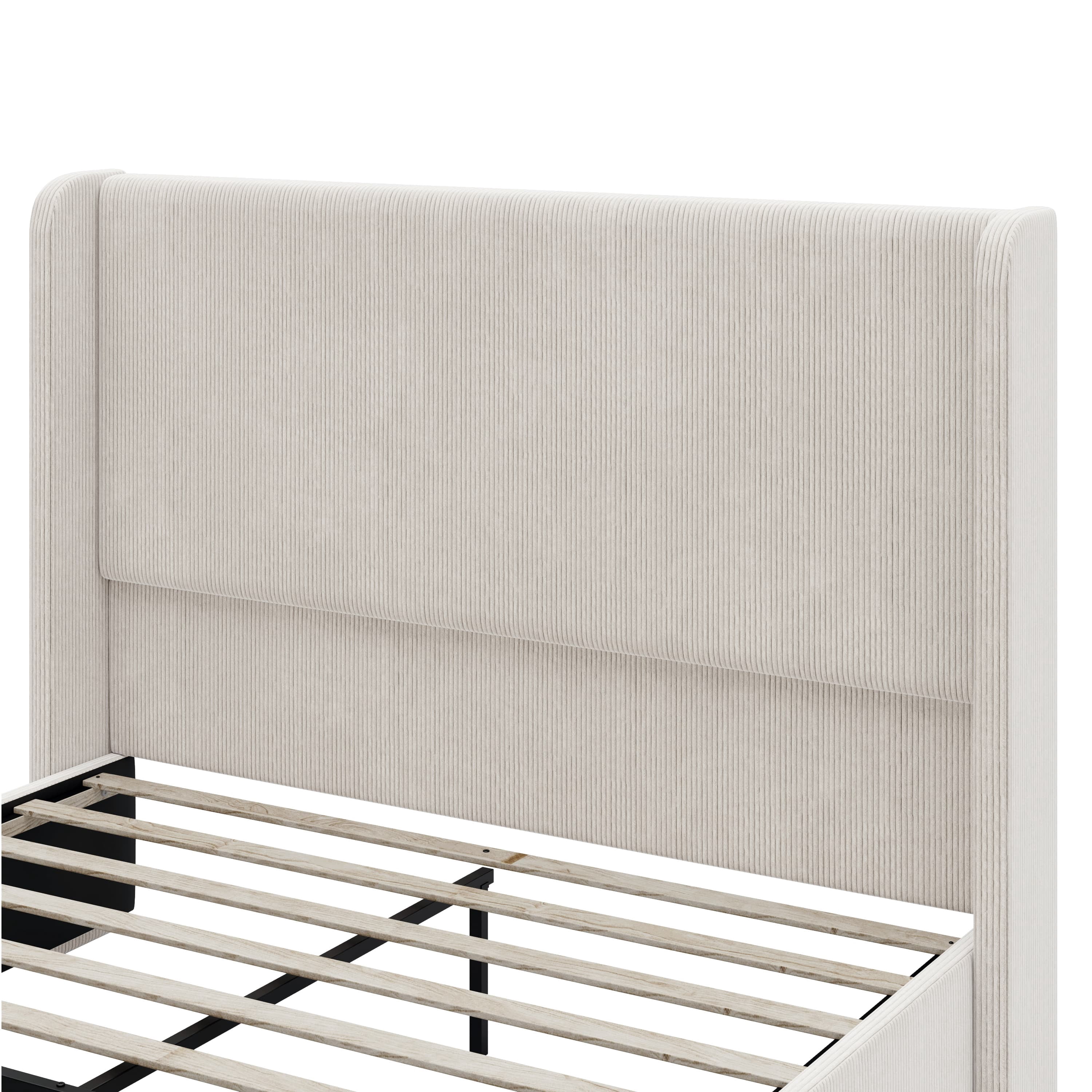 MAYEERTY Queen Corduroy Bed Frame Vertical Stripe Wingback Headboard for Bedroom Light Grey
