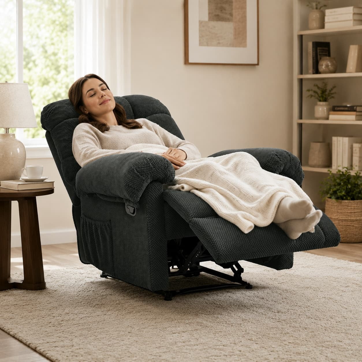 Aukfa Overstuffed Manual Recliner Chair, Upholstered Glider Lounge Armchair with Footrest for Bedroom Reading,Gray