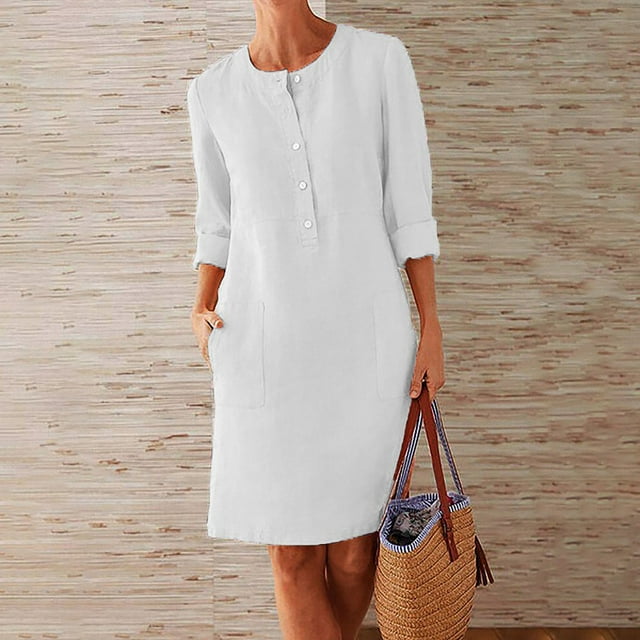 Robe en Lin de Coton pour Femmes Manches Mi-Longues Robe Unie Col Rond Décontractée Robe de Soirée Tenue de Détente