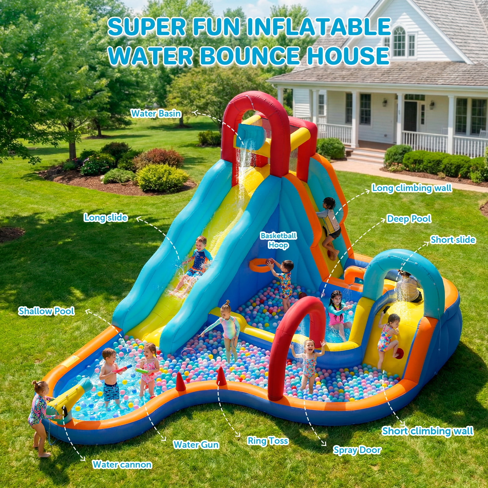 Patbrela Inflatable Water Slide Bounce House with Blower, 202x145x100inches, 12-in-1 Water Park with Extra Long Water Slide, Deep Pool, Basketball Hoop, Water Basin, Spray Door, Indoor/Outdoor
