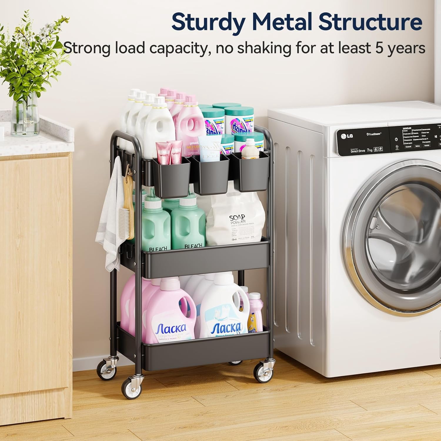 3-Tier Rolling Utility Cart with Wheels, Hanging Cups, Hooks, Heavy Duty Mesh Storage Organizer for Kitchen and Office, Lightweight Sturdy Craft Cart