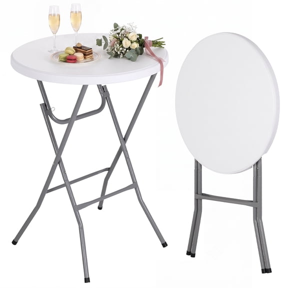 BORGEBY 32 Inch Folding Cocktail Table, Portable Round Plastic Bar Height Folding Table for Parties, Patio, Backyard, Dining, Wedding, White