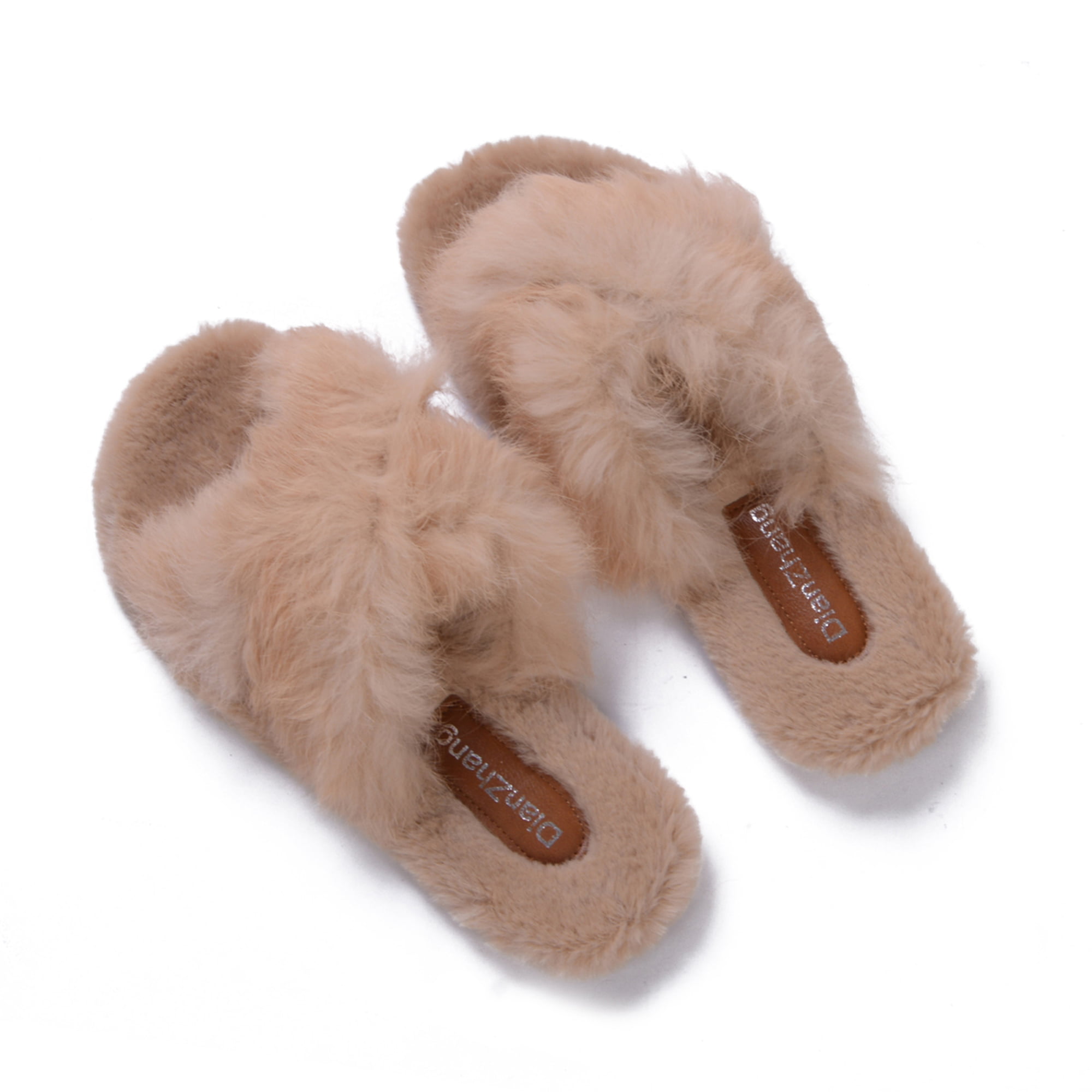 Aerusi Faux Fur Fluffy Plush Single Strap Flat Open Toe Slide On Slipper Sandals