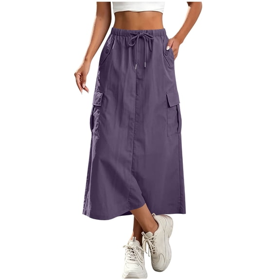 STETMN Women's Cargo Midi Skirt, Summer Casual Ankle Length Drawstring Waist Skirt with Multi Pockets for Streetwear
