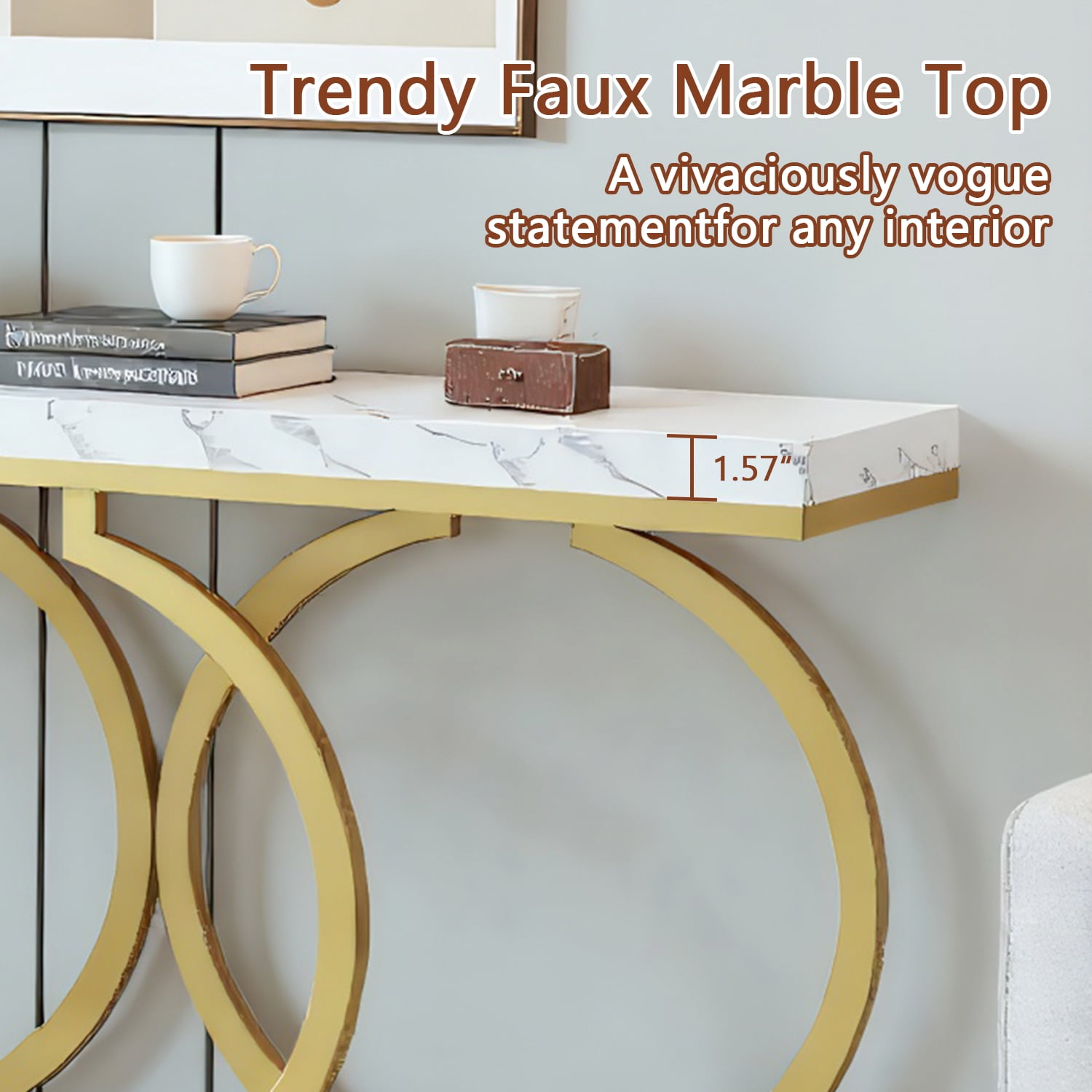 Topcobe 55" Console Table, Narrow Entryway Sofa Table with Geometric Metal Frame, Modern Furniture for Indoor, White & Gold