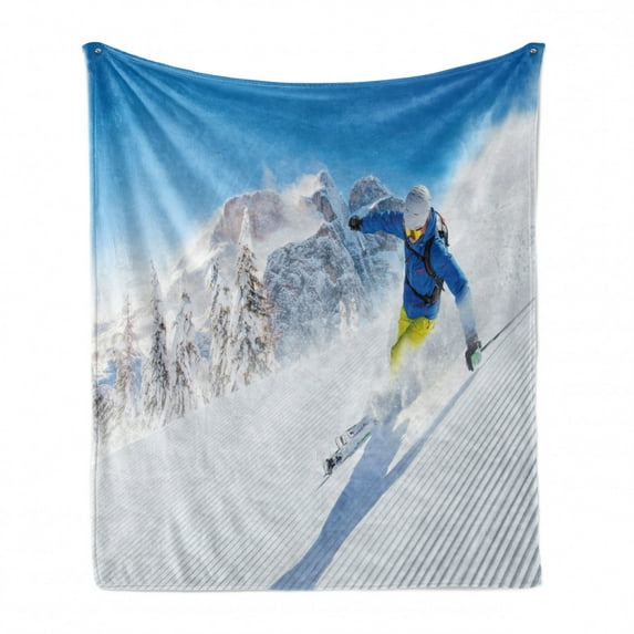 Winter Soft Flannel Fleece Blanket, Skier Skiing Downhill in High Mountains Extreme Winter Sports Hobby Activity, Cozy Plush for Indoor and Outdoor Use, 50" x 60", Blue White Yellow, by Ambesonne