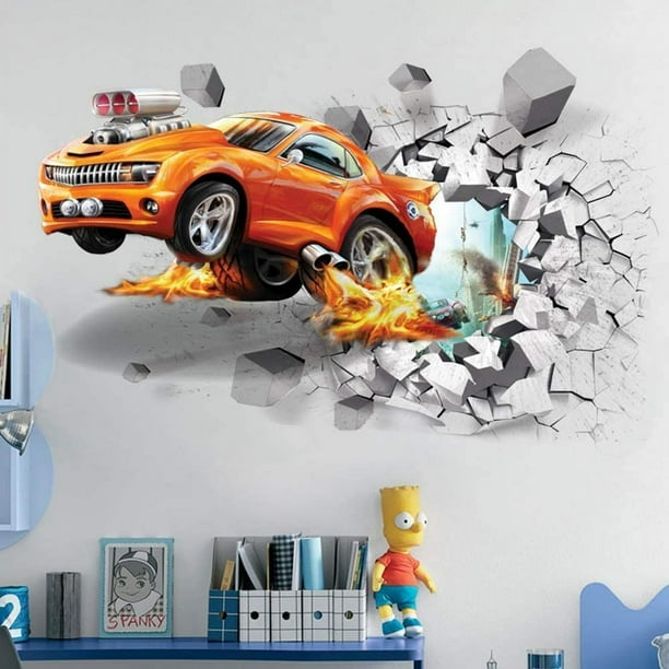 3D Car Wall Decal Sticker - Breaking Wall Design, Removable Vinyl, Kids Room Decor, Self-Adhesive