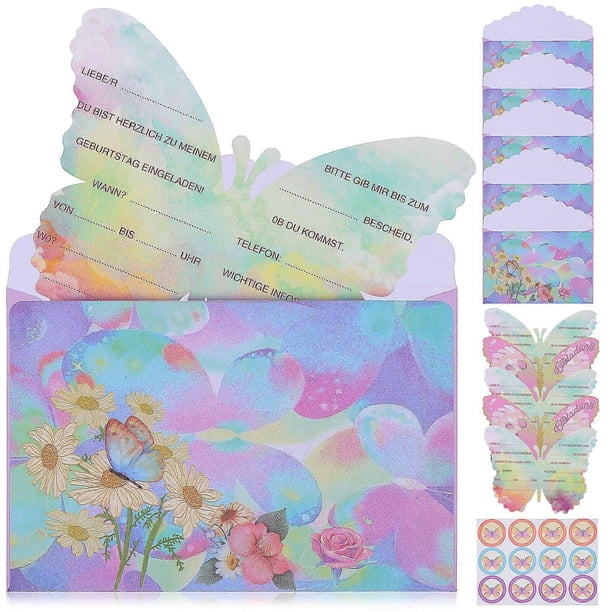 12 Sets Butterfly Invitation Cards German Printed Invitations with Butterfly Stickers and Envelopes
