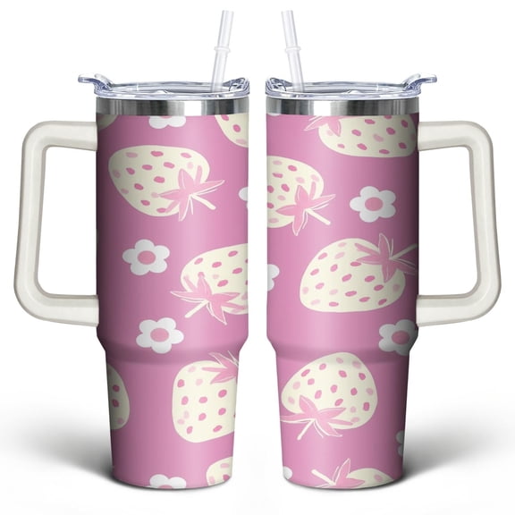 Strawberry 30 Oz Tumbler with Handle Lid and Straw, Stainless Steel Double Walled Vacuum Insulated Cup, Cute Anniversary Wedding Birthday Gifts Tumbler for Women Men Friends Outdoor Indoor