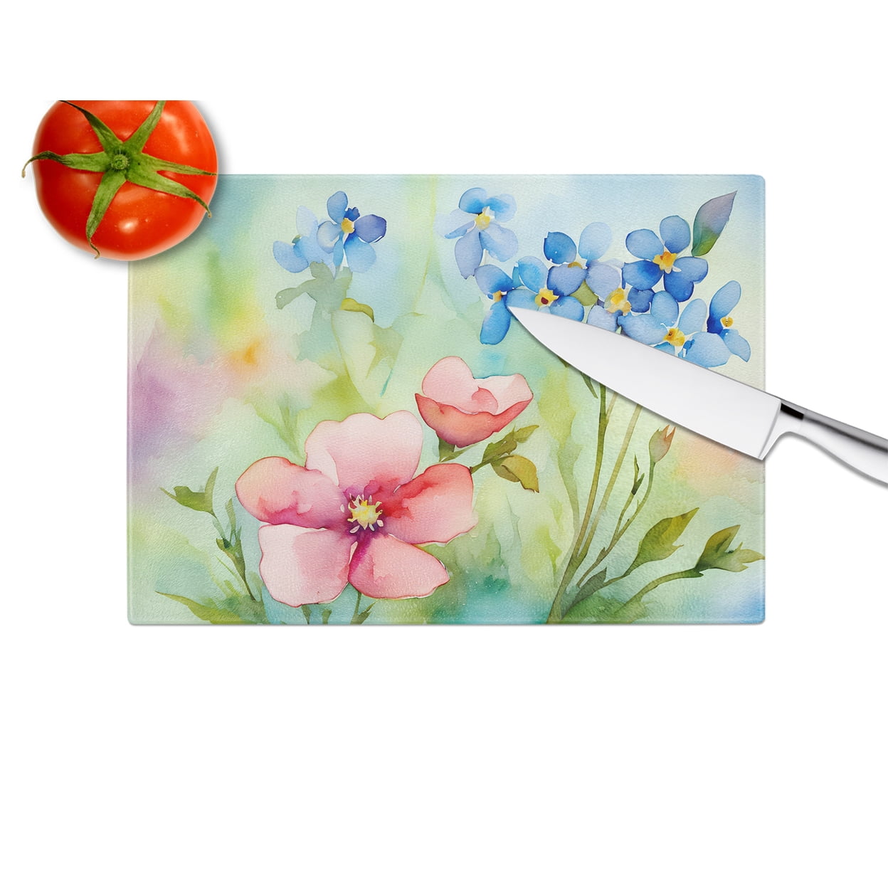 Alaska Forget-me-nots in Watercolor Glass Cutting Board Large 12 in x 15 in