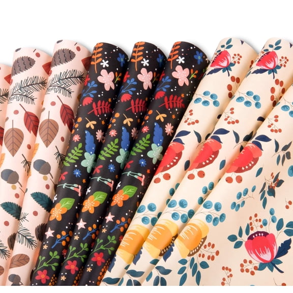 ANZON MORIES 9 Sheets Gift-Wrapping Paper , 3 Patterns, 27.5x17.5”, 3.35 Sq. Ft/Each, Unique Botanic Soft Strong 80 GSM Kraft Paper Roll