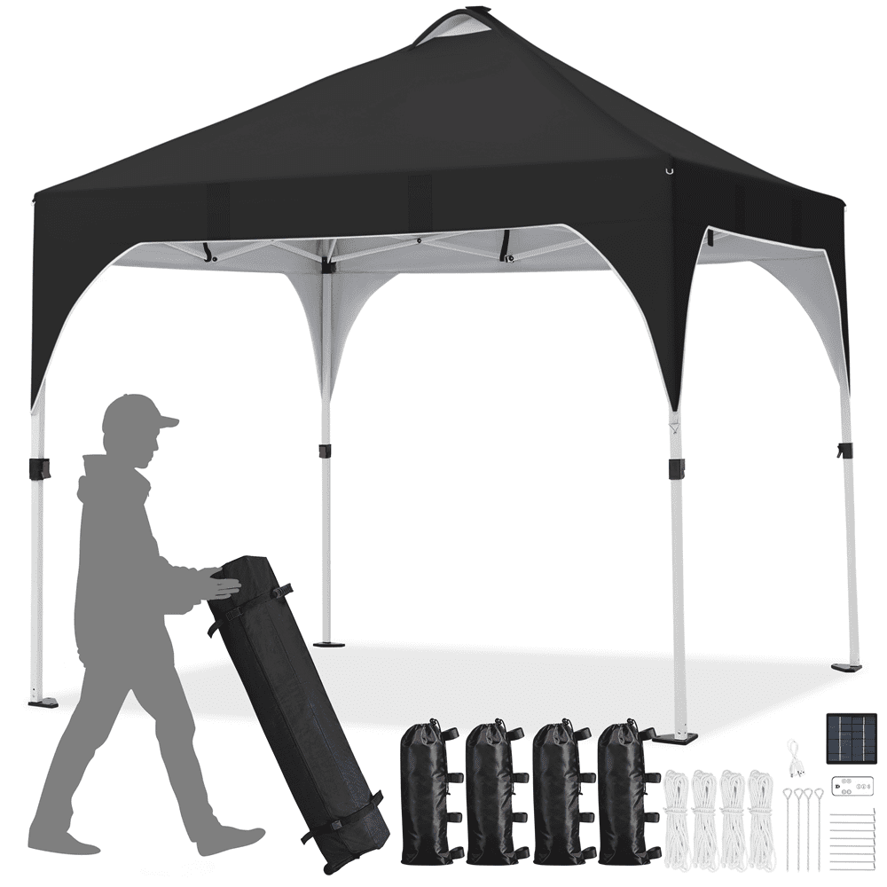 Alden Design 10 ft Pop-Up Canopy Tent W/ 17 Solar LED Lights Sandbags Roller bag for Outdoor, Black
