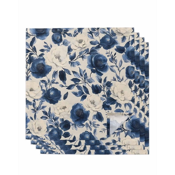 nqOlkjepod Navy Blue Beige Peony Cloth Napkins Set of 4 Reusable Dinner Napkins, Vintage Floral Blossom Botanical Cocktail Napkin Washable Table Napkins for Wedding/Holiday Party/Baby Shower 20"x20"