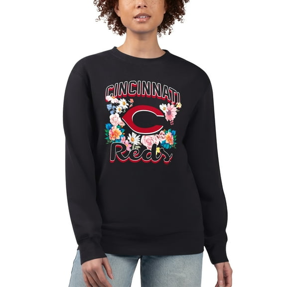 Women's G-III 4Her by Carl Banks Black Cincinnati Reds Flowers Graphic Pullover Sweatshirt