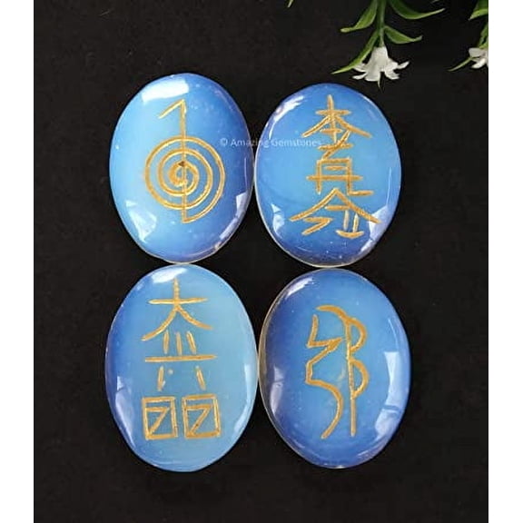 Opalite Crystal Reiki Stones with Engraved Symbols for Usui Reiki Healing, Set of 4 Pcs