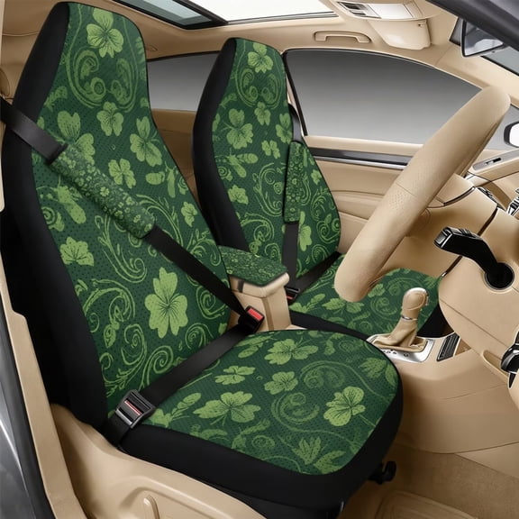 Xixirimido Automotive Seat Covers for Cars Trucks and SUVs Car Seat Covers for Front Seats with Car Seatbelt Covers & Armrest Box Cover, Set of 5 for St. Patrick's Day Decor, Green Clover