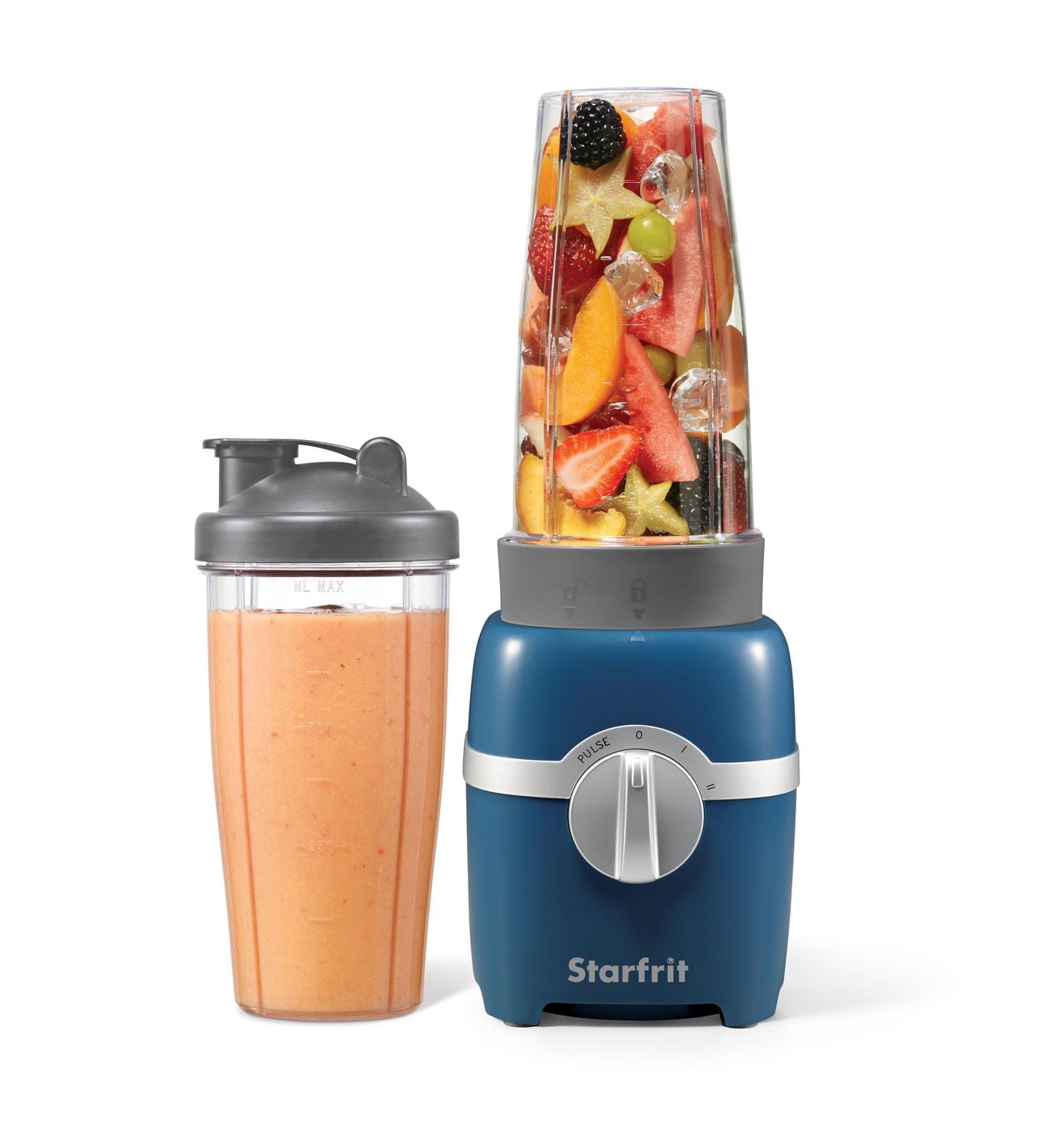 Starfrit 7 pcs 300W Personal Blender Blue -2x28oz(828 ML) Cups ,2xtravel lids, 2 blades,3 speed modes (low, high, pulse )