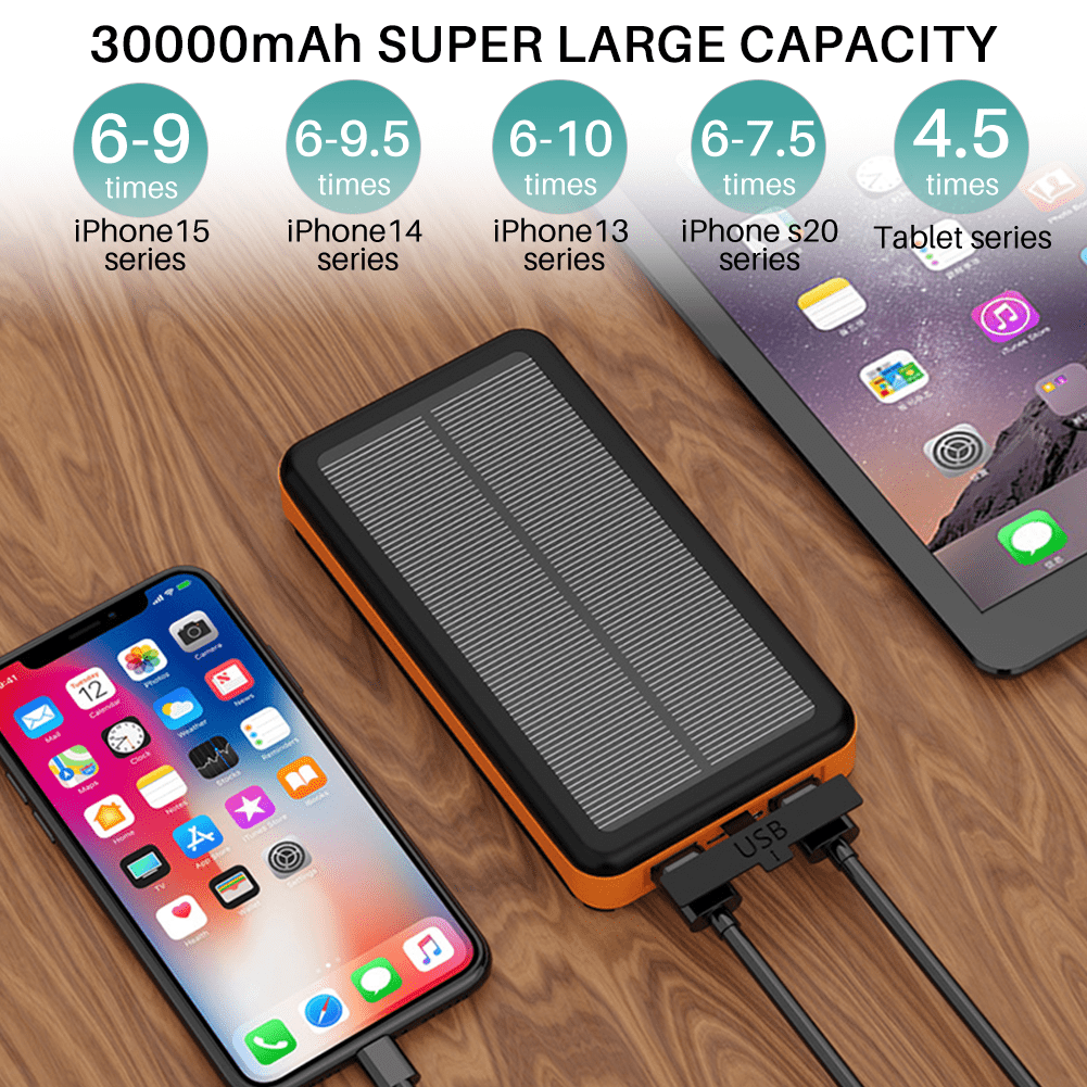 OWNTECH Portable Solar Charger for iphone android, 30000mah Power Bank with 4 Solar Panel and Compass
