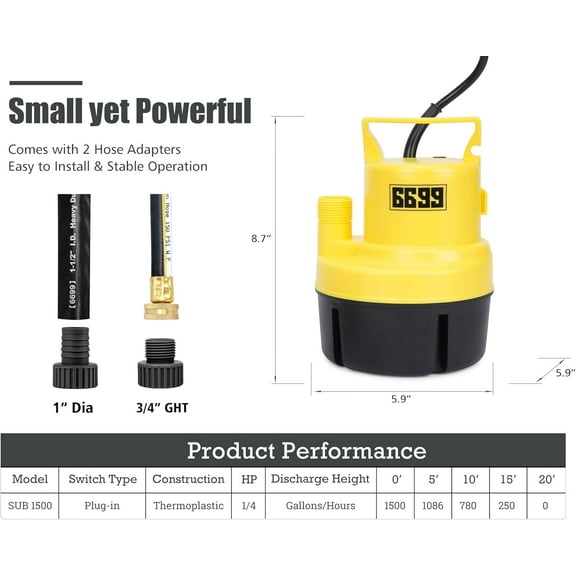 Submersible Sump Pump 1/4  1500GPH Utility Pump with 10-Foot Cord for Pool Drain, Garden Pond, Tankless  Flushing