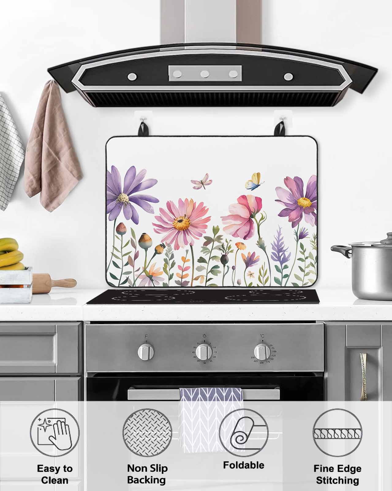 nqOlkjepod Large Induction Cooktop Protector Mat 36"x21", Watercolor Flowers Stove Top Covers for Electric Stove, Botanical Floral Herb Butterfly Stove Burner Cover Mats, Glass Top Stove Cover